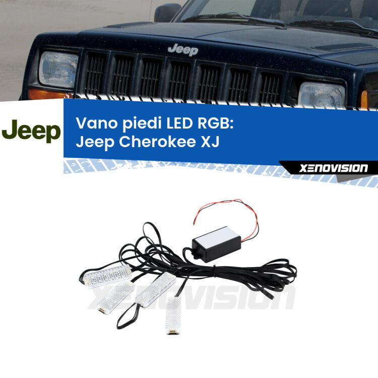 <strong>Kit placche LED cambiacolore vano piedi Jeep Cherokee</strong> XJ 1984 - 2001. 4 placche <strong>Bluetooth</strong> con app Android /iOS.