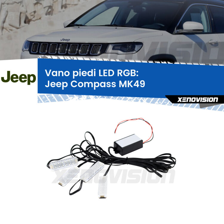 <strong>Kit placche LED cambiacolore vano piedi Jeep Compass</strong> MK49 2006 - 2016. 4 placche <strong>Bluetooth</strong> con app Android /iOS.