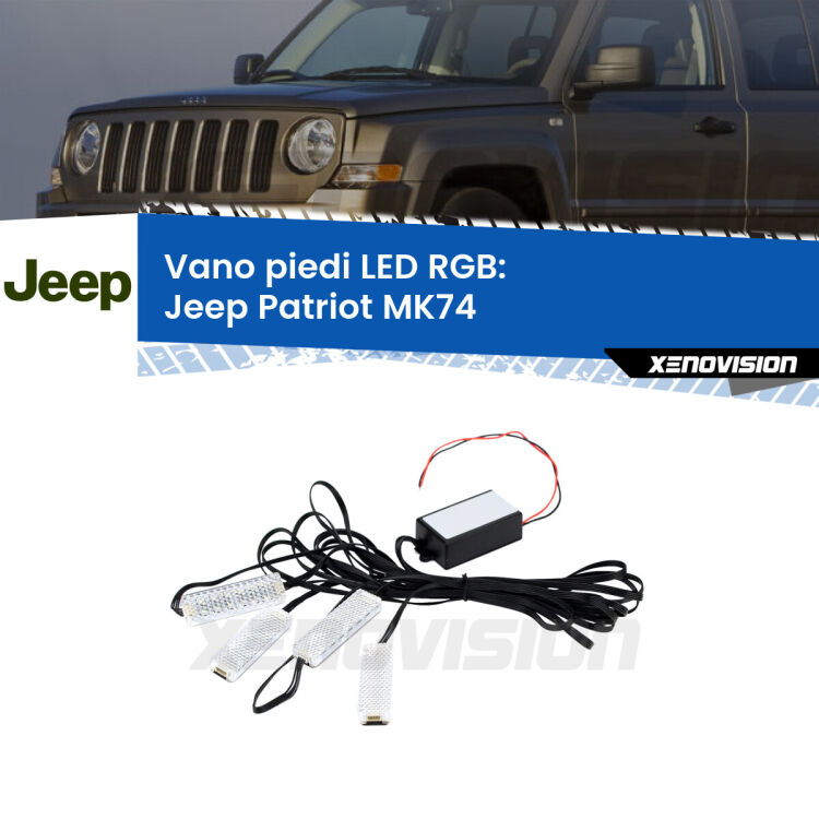 <strong>Kit placche LED cambiacolore vano piedi Jeep Patriot</strong> MK74 2007 - 2017. 4 placche <strong>Bluetooth</strong> con app Android /iOS.