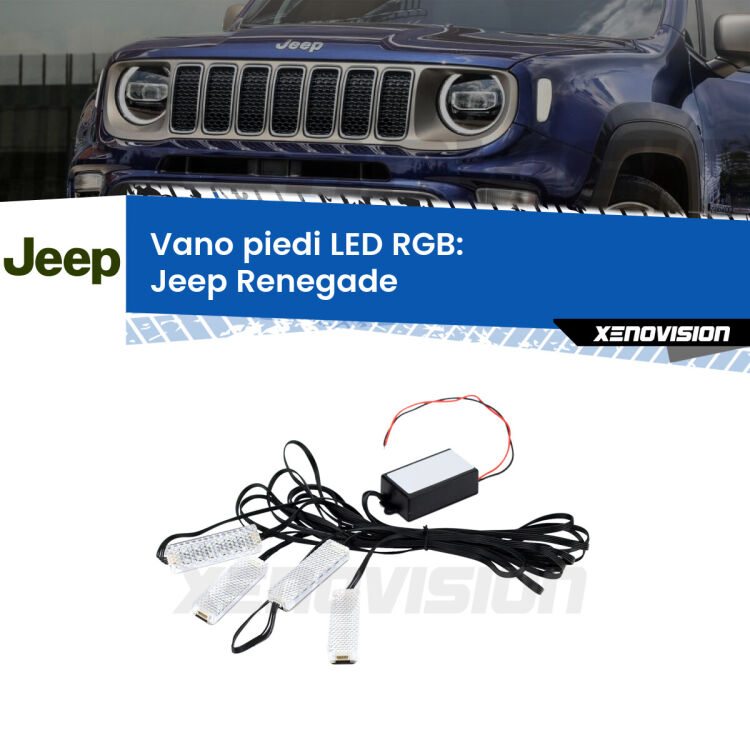 <strong>Kit placche LED cambiacolore vano piedi Jeep Renegade</strong>  2014 in poi. 4 placche <strong>Bluetooth</strong> con app Android /iOS.