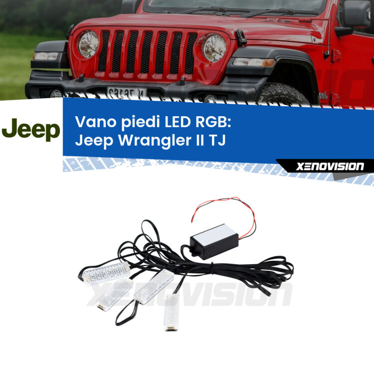<strong>Kit placche LED cambiacolore vano piedi Jeep Wrangler II</strong> TJ 1996 - 2005. 4 placche <strong>Bluetooth</strong> con app Android /iOS.