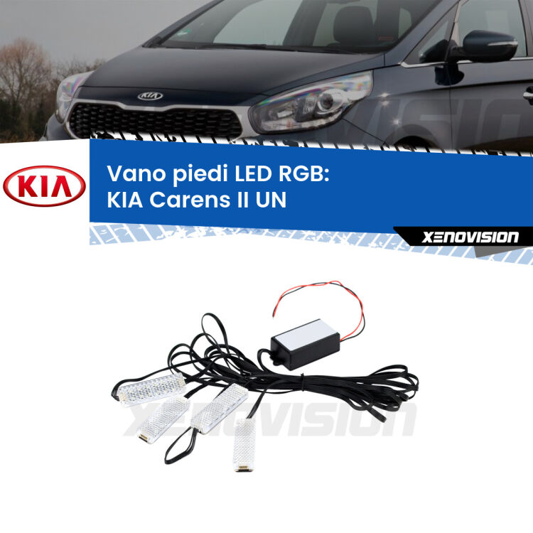 <strong>Kit placche LED cambiacolore vano piedi KIA Carens II</strong> UN 2006 - 2011. 4 placche <strong>Bluetooth</strong> con app Android /iOS.