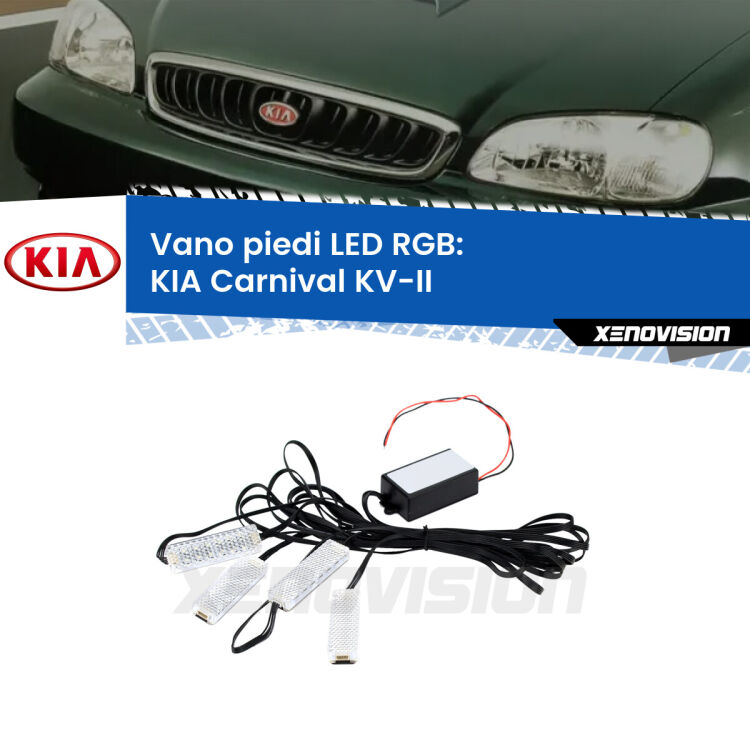 <strong>Kit placche LED cambiacolore vano piedi KIA Carnival</strong> KV-II 1998 - 2004. 4 placche <strong>Bluetooth</strong> con app Android /iOS.