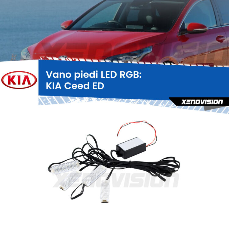 <strong>Kit placche LED cambiacolore vano piedi KIA Ceed</strong> ED 2006 - 2012. 4 placche <strong>Bluetooth</strong> con app Android /iOS.