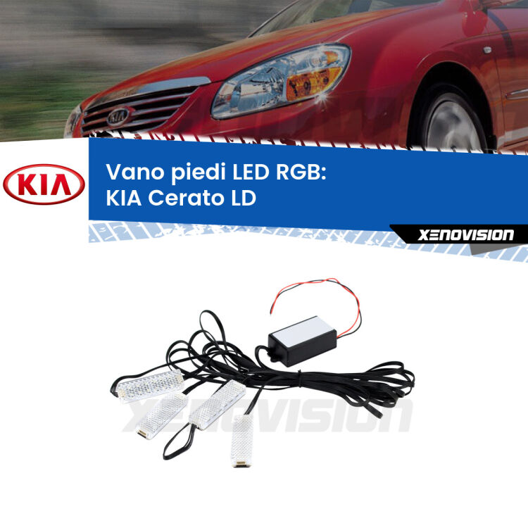 <strong>Kit placche LED cambiacolore vano piedi KIA Cerato</strong> LD 2003 - 2007. 4 placche <strong>Bluetooth</strong> con app Android /iOS.