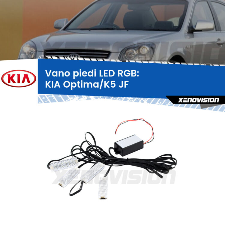 <strong>Kit placche LED cambiacolore vano piedi KIA Optima/K5</strong> JF 2015 - 2018. 4 placche <strong>Bluetooth</strong> con app Android /iOS.