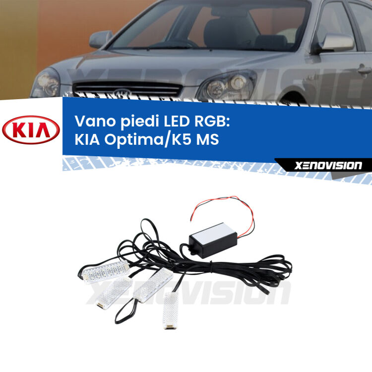 <strong>Kit placche LED cambiacolore vano piedi KIA Optima/K5</strong> MS 2000 - 2004. 4 placche <strong>Bluetooth</strong> con app Android /iOS.