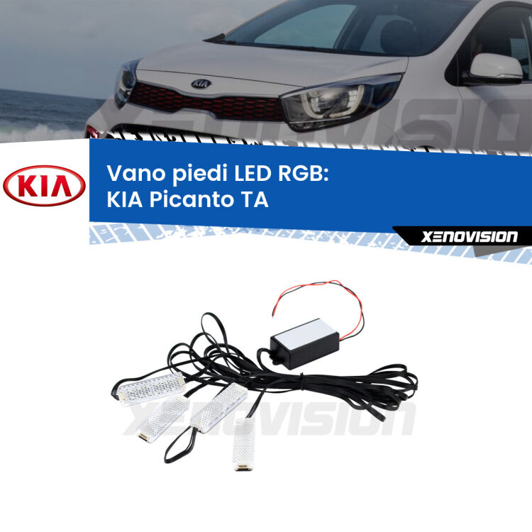 <strong>Kit placche LED cambiacolore vano piedi KIA Picanto</strong> TA 2011 - 2016. 4 placche <strong>Bluetooth</strong> con app Android /iOS.