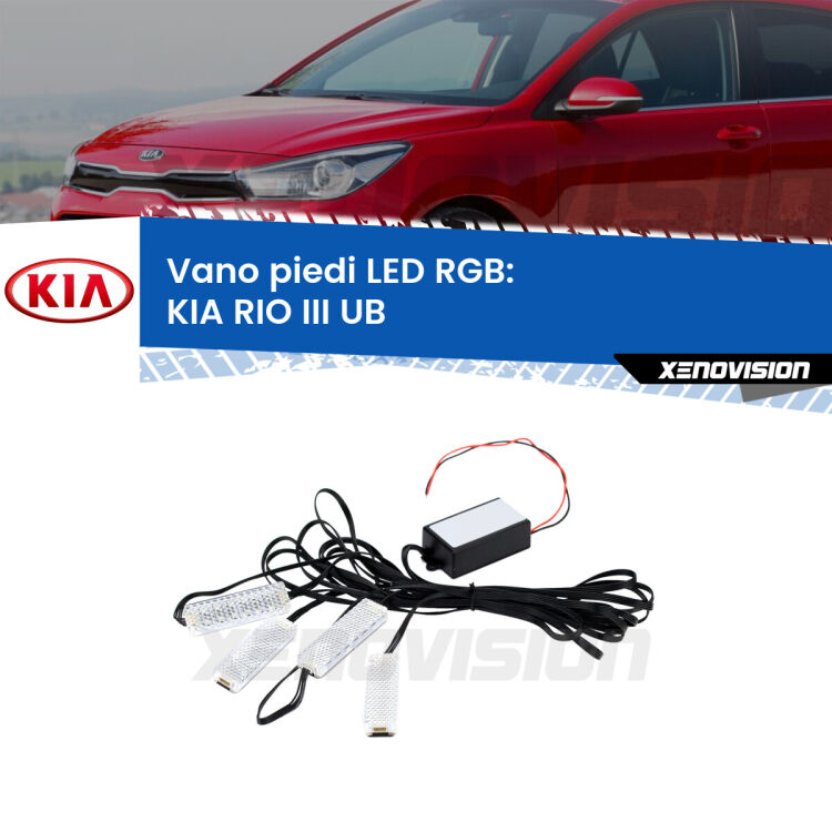 <strong>Kit placche LED cambiacolore vano piedi KIA RIO III</strong> UB 2011 - 2016. 4 placche <strong>Bluetooth</strong> con app Android /iOS.