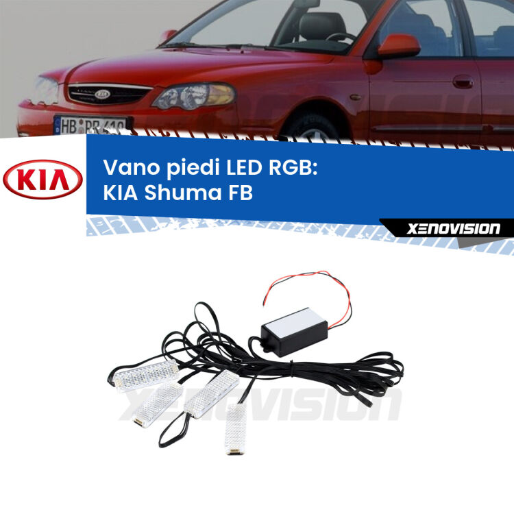 <strong>Kit placche LED cambiacolore vano piedi KIA Shuma</strong> FB 1997 - 2000. 4 placche <strong>Bluetooth</strong> con app Android /iOS.
