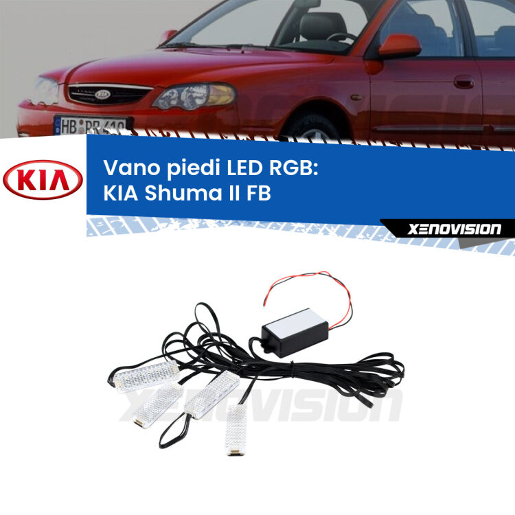 <strong>Kit placche LED cambiacolore vano piedi KIA Shuma II</strong> FB 2001 - 2004. 4 placche <strong>Bluetooth</strong> con app Android /iOS.