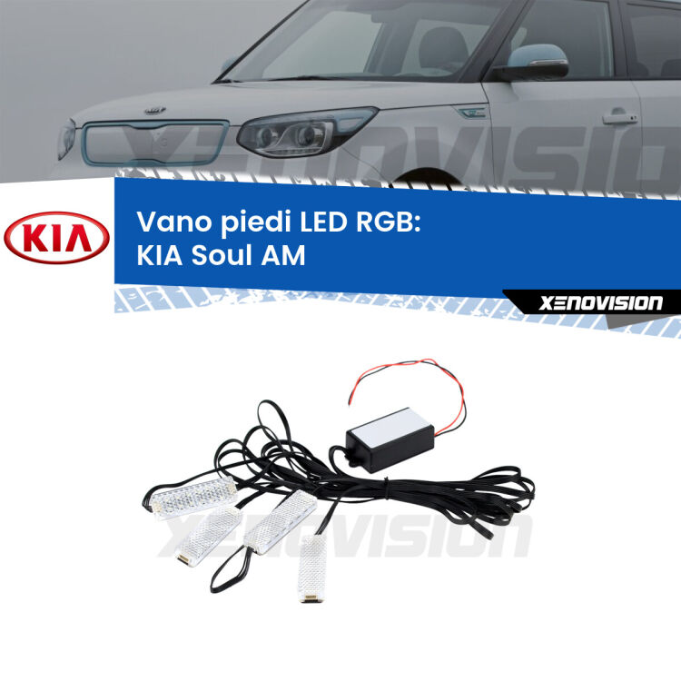 <strong>Kit placche LED cambiacolore vano piedi KIA Soul</strong> AM 2009 - 2014. 4 placche <strong>Bluetooth</strong> con app Android /iOS.