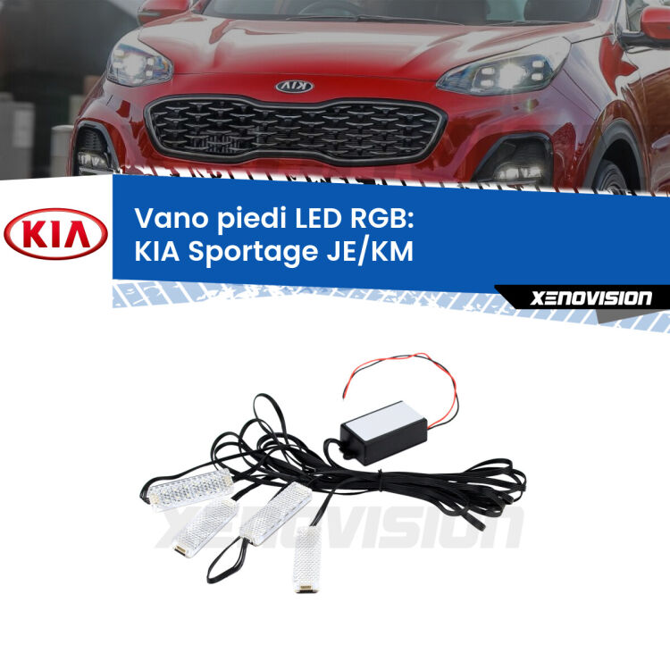 <strong>Kit placche LED cambiacolore vano piedi KIA Sportage</strong> JE/KM 2004 - 2009. 4 placche <strong>Bluetooth</strong> con app Android /iOS.