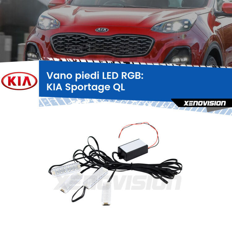<strong>Kit placche LED cambiacolore vano piedi KIA Sportage</strong> QL 2015 - 2020. 4 placche <strong>Bluetooth</strong> con app Android /iOS.