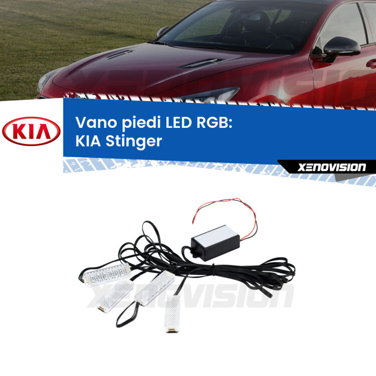 <strong>Kit placche LED cambiacolore vano piedi KIA Stinger</strong>  2017 in poi. 4 placche <strong>Bluetooth</strong> con app Android /iOS.