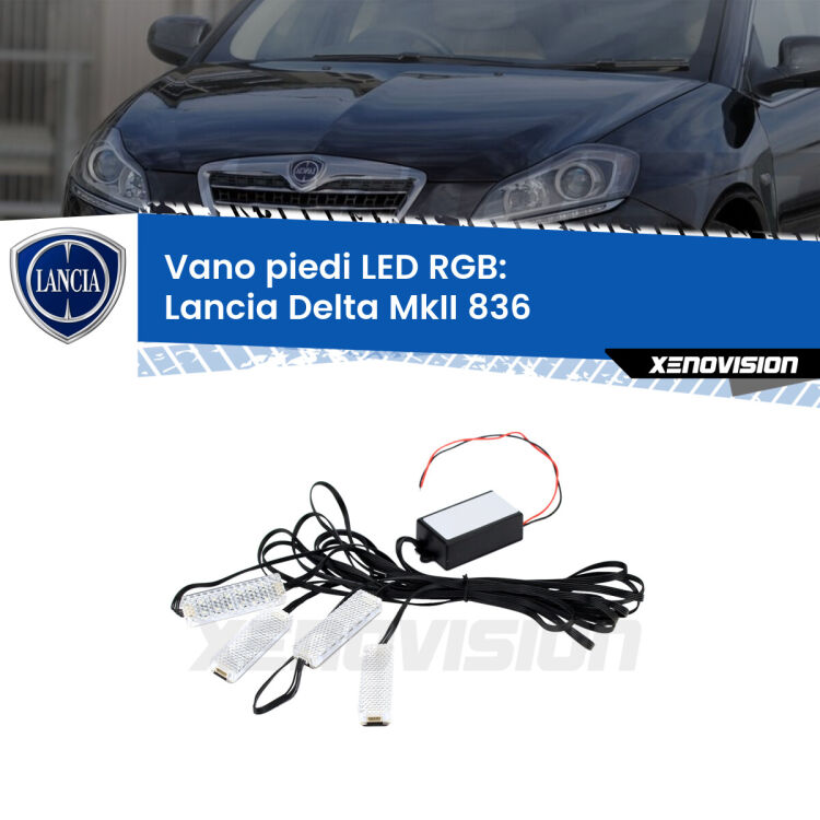 <strong>Kit placche LED cambiacolore vano piedi Lancia Delta MkII</strong> 836 1993 - 1999. 4 placche <strong>Bluetooth</strong> con app Android /iOS.