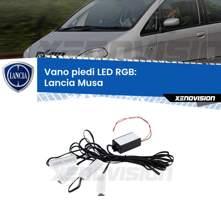 <strong>Kit placche LED cambiacolore vano piedi Lancia Musa</strong>  2004 - 2012. 4 placche <strong>Bluetooth</strong> con app Android /iOS.