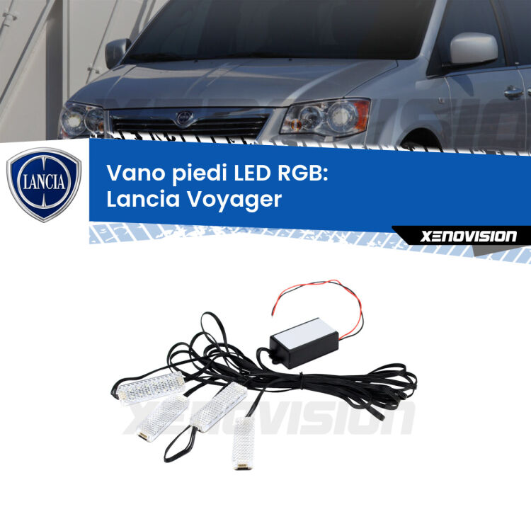 <strong>Kit placche LED cambiacolore vano piedi Lancia Voyager</strong>  2011 - 2014. 4 placche <strong>Bluetooth</strong> con app Android /iOS.