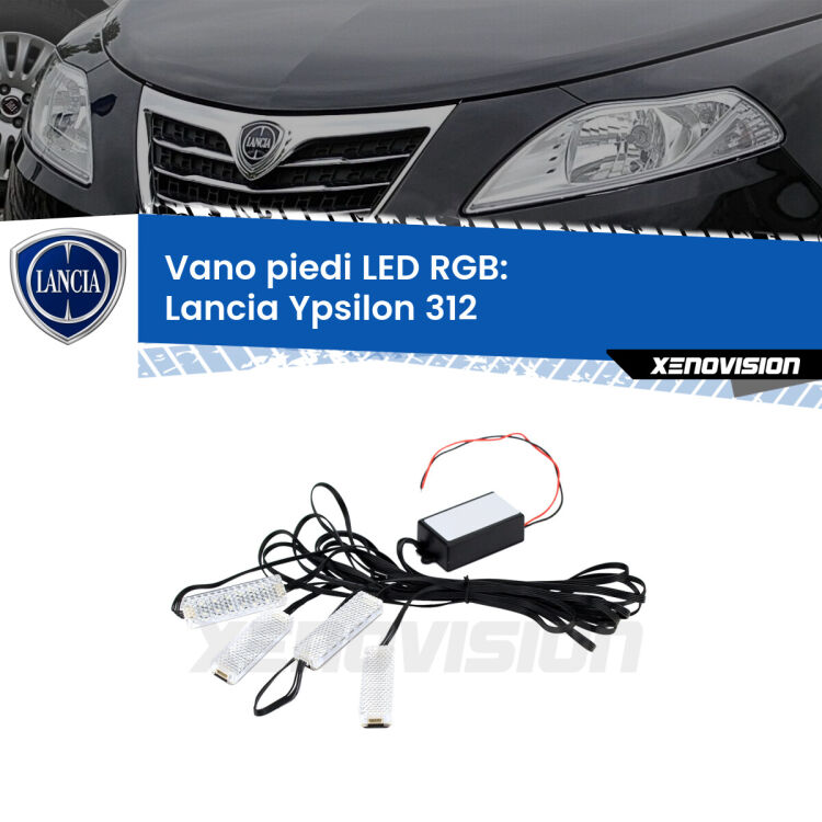 <strong>Kit placche LED cambiacolore vano piedi Lancia Ypsilon</strong> 312 2011 in poi. 4 placche <strong>Bluetooth</strong> con app Android /iOS.