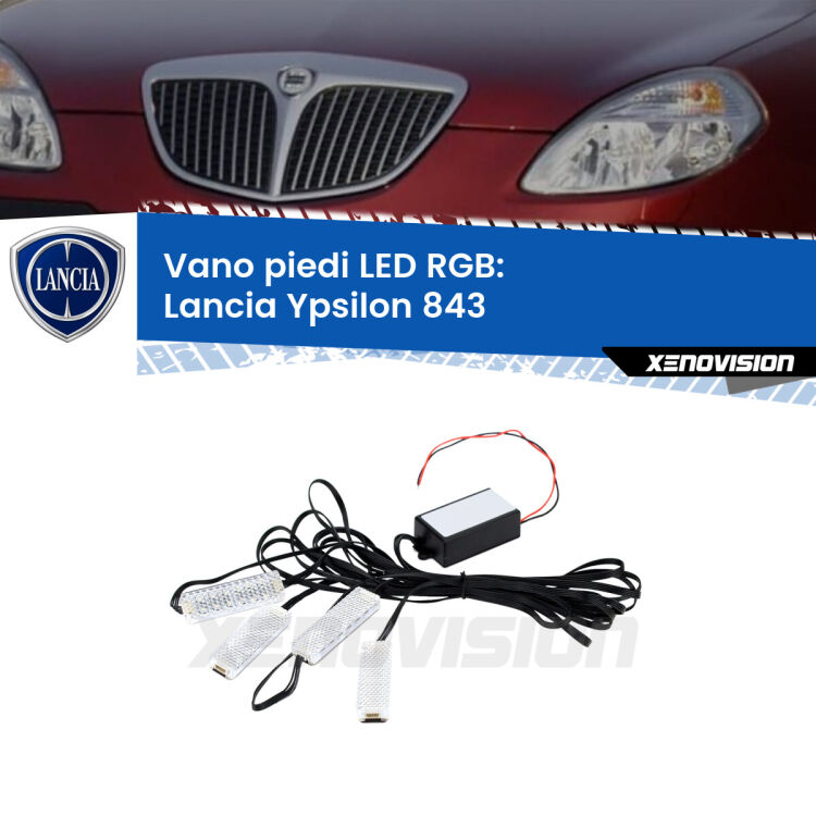 <strong>Kit placche LED cambiacolore vano piedi Lancia Ypsilon</strong> 843 2003 - 2011. 4 placche <strong>Bluetooth</strong> con app Android /iOS.