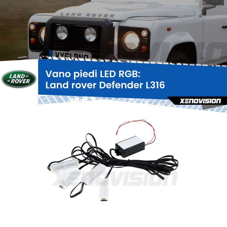 <strong>Kit placche LED cambiacolore vano piedi Land rover Defender</strong> L316 1998 - 2016. 4 placche <strong>Bluetooth</strong> con app Android /iOS.