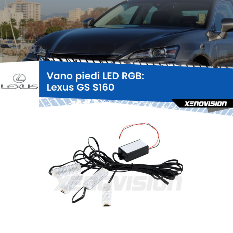 <strong>Kit placche LED cambiacolore vano piedi Lexus GS</strong> S160 1997 - 2005. 4 placche <strong>Bluetooth</strong> con app Android /iOS.