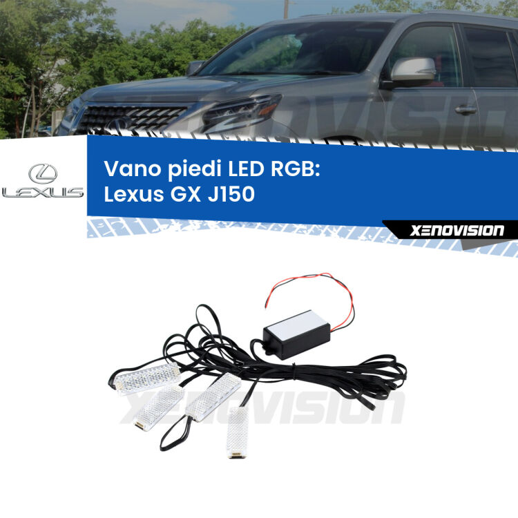 <strong>Kit placche LED cambiacolore vano piedi Lexus GX</strong> J150 2009 in poi. 4 placche <strong>Bluetooth</strong> con app Android /iOS.