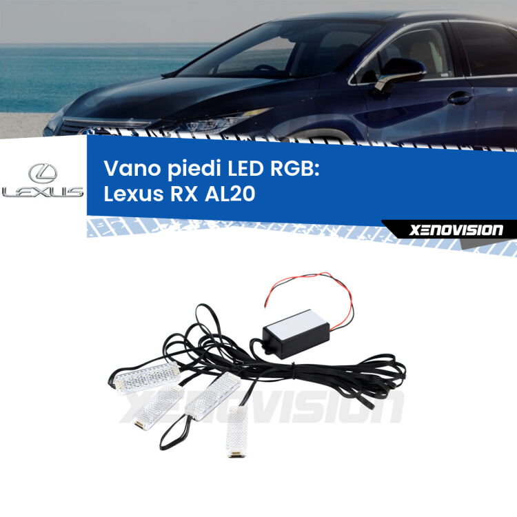 <strong>Kit placche LED cambiacolore vano piedi Lexus RX</strong> AL20 2015 - 2021. 4 placche <strong>Bluetooth</strong> con app Android /iOS.