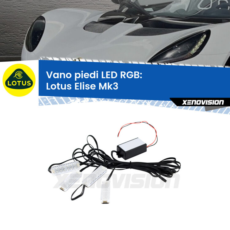 <strong>Kit placche LED cambiacolore vano piedi Lotus Elise</strong> Mk3 2010 - 2022. 4 placche <strong>Bluetooth</strong> con app Android /iOS.