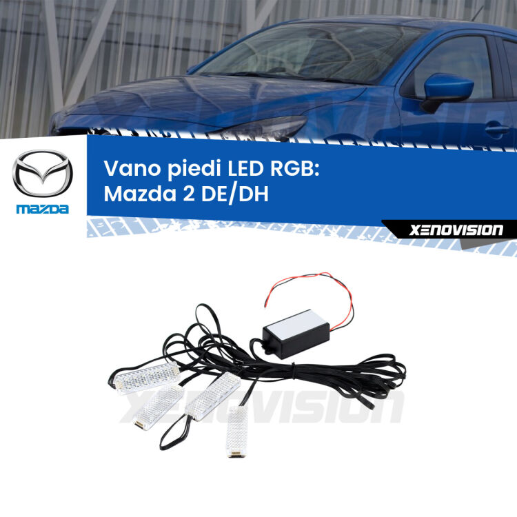 <strong>Kit placche LED cambiacolore vano piedi Mazda 2</strong> DE/DH 2007 - 2015. 4 placche <strong>Bluetooth</strong> con app Android /iOS.
