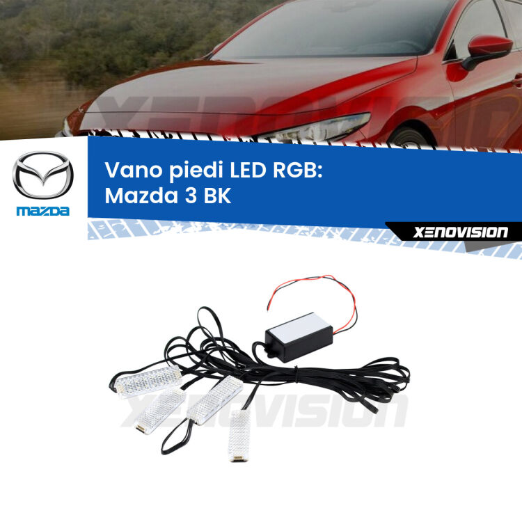 <strong>Kit placche LED cambiacolore vano piedi Mazda 3</strong> BK 2003 - 2009. 4 placche <strong>Bluetooth</strong> con app Android /iOS.