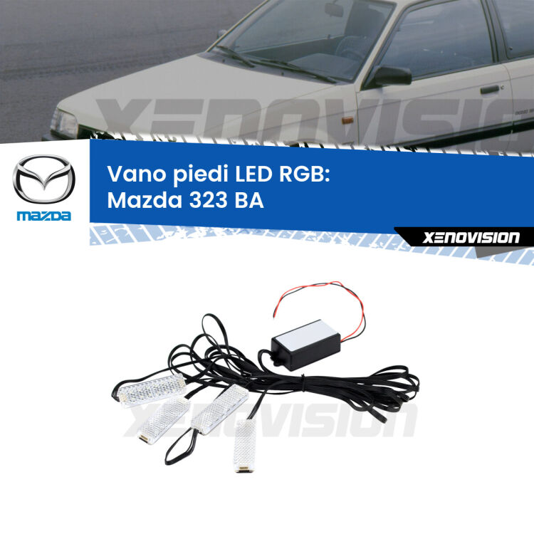 <strong>Kit placche LED cambiacolore vano piedi Mazda 323</strong> BA 1994 - 1998. 4 placche <strong>Bluetooth</strong> con app Android /iOS.