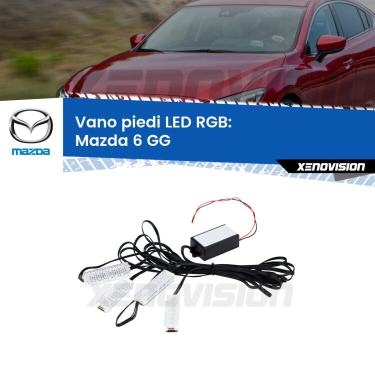 <strong>Kit placche LED cambiacolore vano piedi Mazda 6</strong> GG 2002 - 2007. 4 placche <strong>Bluetooth</strong> con app Android /iOS.