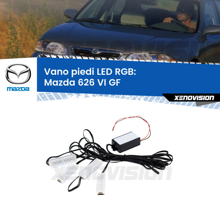 <strong>Kit placche LED cambiacolore vano piedi Mazda 626 VI</strong> GF 1997 - 2002. 4 placche <strong>Bluetooth</strong> con app Android /iOS.