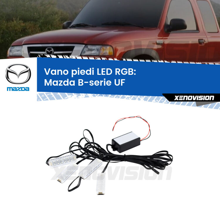 <strong>Kit placche LED cambiacolore vano piedi Mazda B-serie</strong> UF 1985 - 1999. 4 placche <strong>Bluetooth</strong> con app Android /iOS.