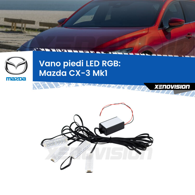<strong>Kit placche LED cambiacolore vano piedi Mazda CX-3</strong> Mk1 2015 - 2018. 4 placche <strong>Bluetooth</strong> con app Android /iOS.