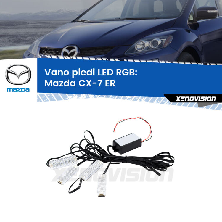 <strong>Kit placche LED cambiacolore vano piedi Mazda CX-7</strong> ER 2006 - 2014. 4 placche <strong>Bluetooth</strong> con app Android /iOS.