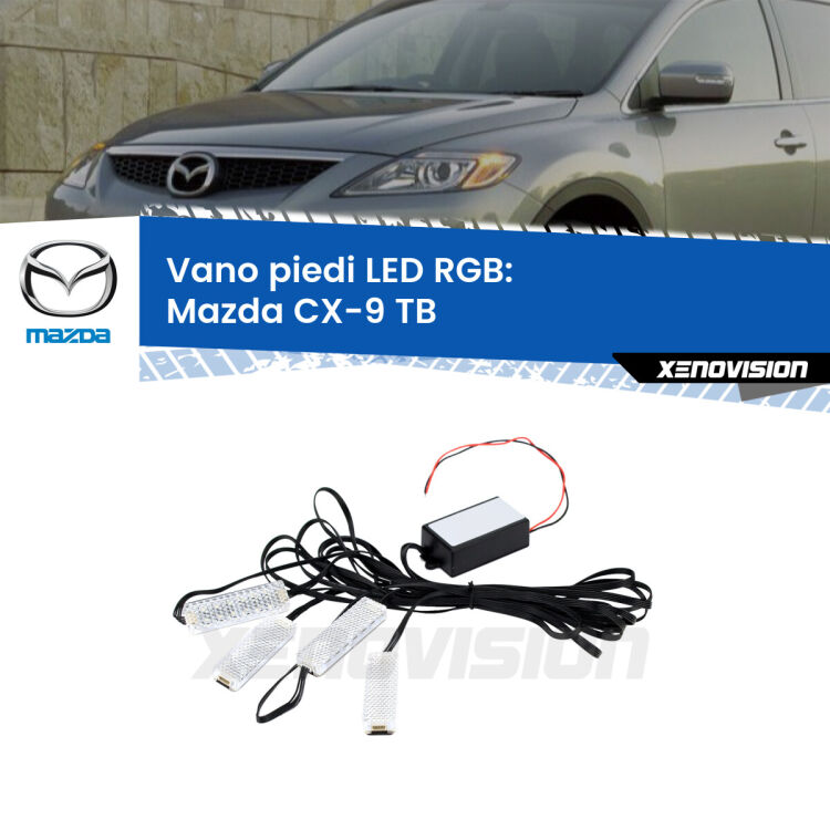 <strong>Kit placche LED cambiacolore vano piedi Mazda CX-9</strong> TB 2006 - 2015. 4 placche <strong>Bluetooth</strong> con app Android /iOS.