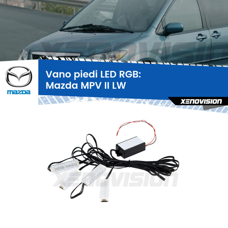<strong>Kit placche LED cambiacolore vano piedi Mazda MPV II</strong> LW 1999 - 2006. 4 placche <strong>Bluetooth</strong> con app Android /iOS.