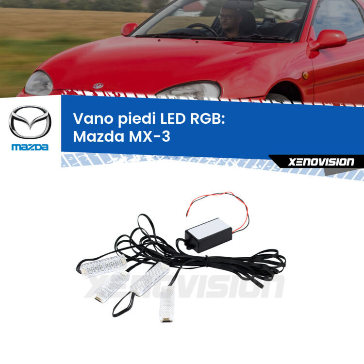 <strong>Kit placche LED cambiacolore vano piedi Mazda MX-3</strong>  1991 - 1998. 4 placche <strong>Bluetooth</strong> con app Android /iOS.