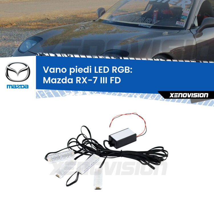<strong>Kit placche LED cambiacolore vano piedi Mazda RX-7 III</strong> FD 1992 - 2002. 4 placche <strong>Bluetooth</strong> con app Android /iOS.