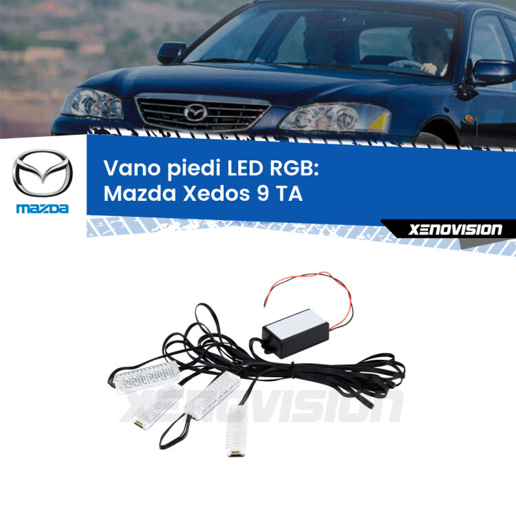<strong>Kit placche LED cambiacolore vano piedi Mazda Xedos 9</strong> TA 1993 - 2002. 4 placche <strong>Bluetooth</strong> con app Android /iOS.