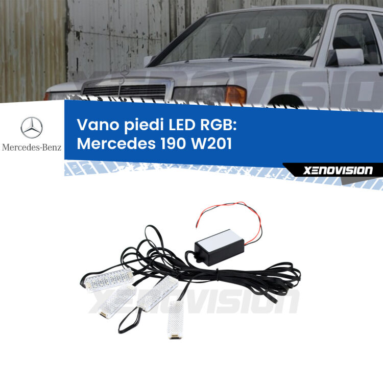 <strong>Kit placche LED cambiacolore vano piedi Mercedes 190</strong> W201 1982 - 1993. 4 placche <strong>Bluetooth</strong> con app Android /iOS.