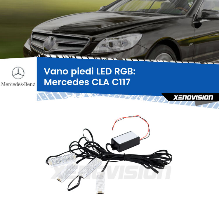 <strong>Kit placche LED cambiacolore vano piedi Mercedes CLA</strong> C117 2012 - 2019. 4 placche <strong>Bluetooth</strong> con app Android /iOS.