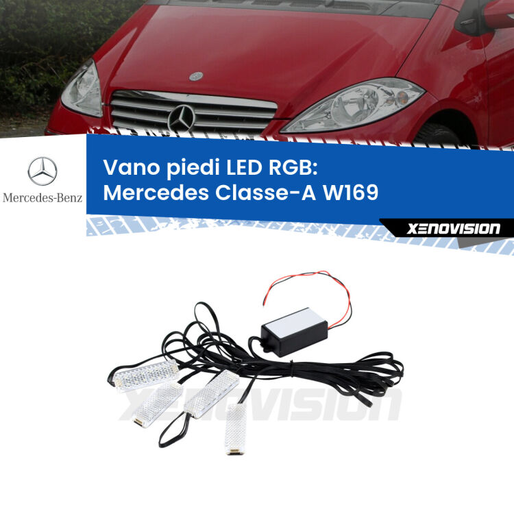 <strong>Kit placche LED cambiacolore vano piedi Mercedes Classe-A</strong> W169 2004 - 2012. 4 placche <strong>Bluetooth</strong> con app Android /iOS.