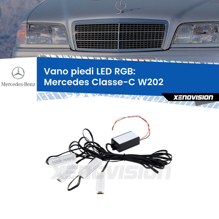 <strong>Kit placche LED cambiacolore vano piedi Mercedes Classe-C</strong> W202 1993 - 2000. 4 placche <strong>Bluetooth</strong> con app Android /iOS.
