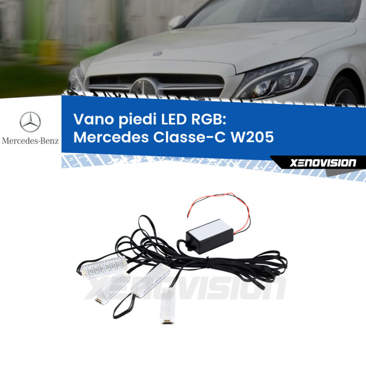 <strong>Kit placche LED cambiacolore vano piedi Mercedes Classe-C</strong> W205 2014 - 2021. 4 placche <strong>Bluetooth</strong> con app Android /iOS.