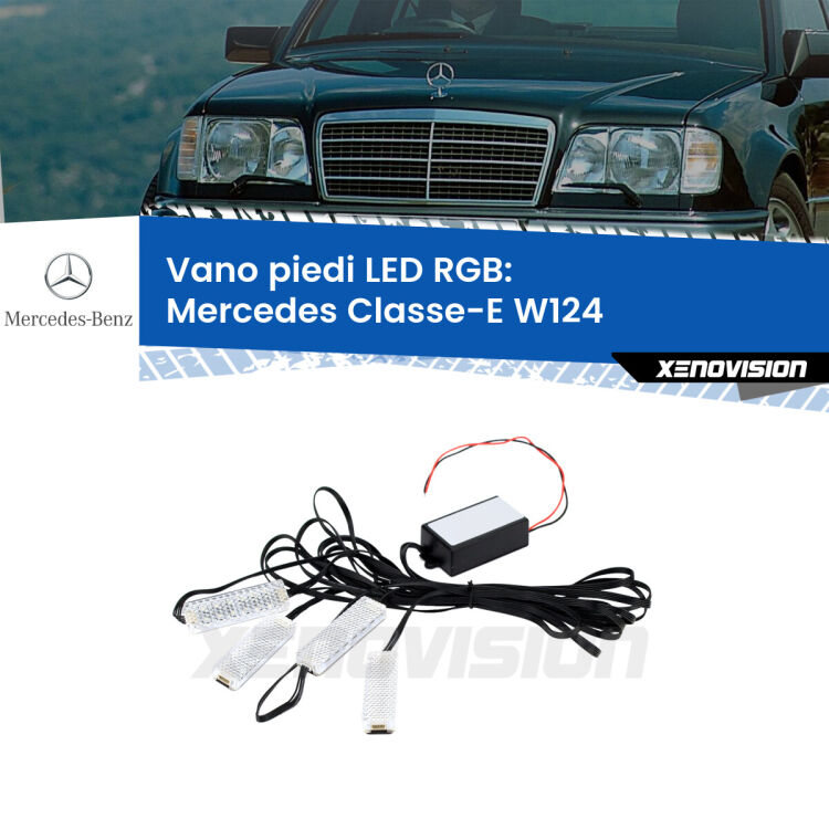 <strong>Kit placche LED cambiacolore vano piedi Mercedes Classe-E</strong> W124 1993 - 1995. 4 placche <strong>Bluetooth</strong> con app Android /iOS.