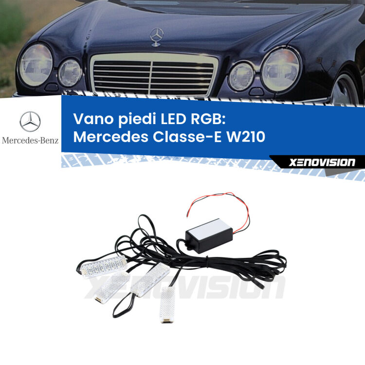<strong>Kit placche LED cambiacolore vano piedi Mercedes Classe-E</strong> W210 1995 - 2002. 4 placche <strong>Bluetooth</strong> con app Android /iOS.