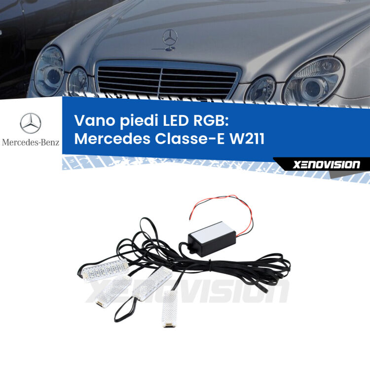 <strong>Kit placche LED cambiacolore vano piedi Mercedes Classe-E</strong> W211 2002 - 2009. 4 placche <strong>Bluetooth</strong> con app Android /iOS.